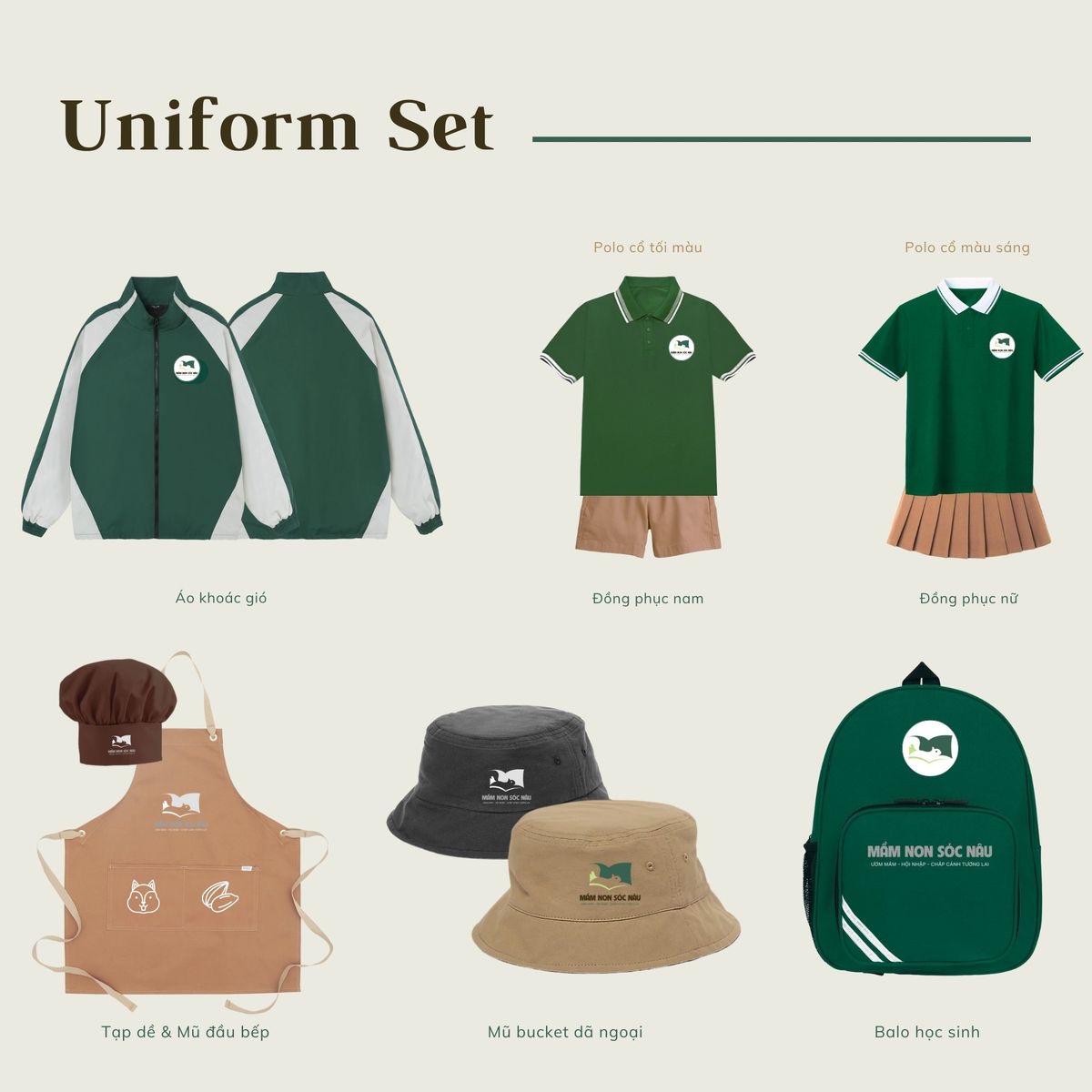 Full branded uniform set with polos, jackets and caps