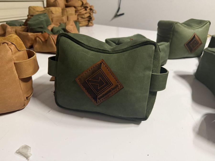 Leather shooting rest bags developed and made in-house